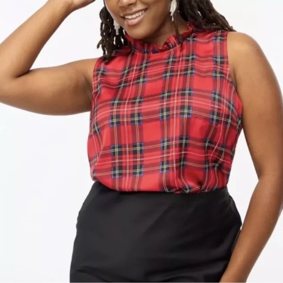 Jcrew factory Tartan ruffleneck bow back top nwt - Picture 1 of 6